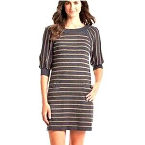 Christopher & Banks acrylic fine knit sweater dress - puff sleeves - grey/tan M